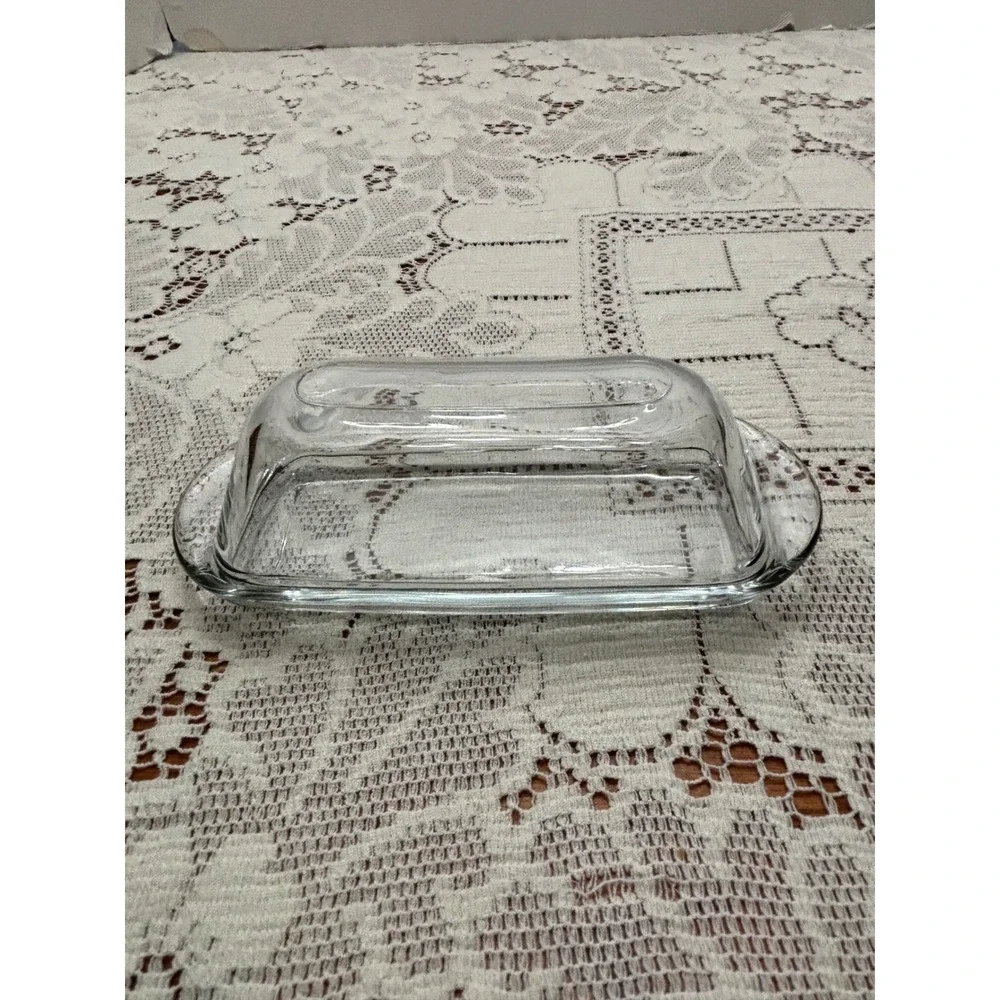 Vintage Clear Glass Butter Dish with Domed Lid Rectangular Tray‎ 7.5 Inch